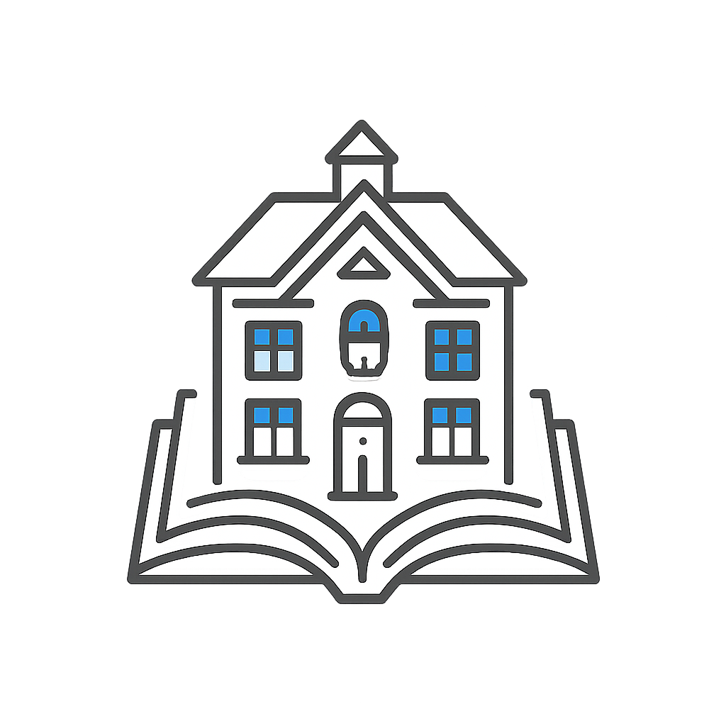 Flat line drawing of a cartoon house sitting on a large book. The walls and roofing are a white square logo, the windows a...